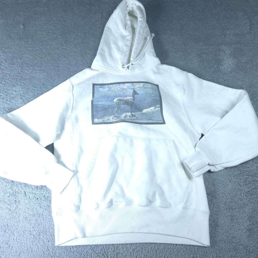 Champion Hoodie Mens Small White Reverse Weave Goat Graphic Fleece Sweatshirt
